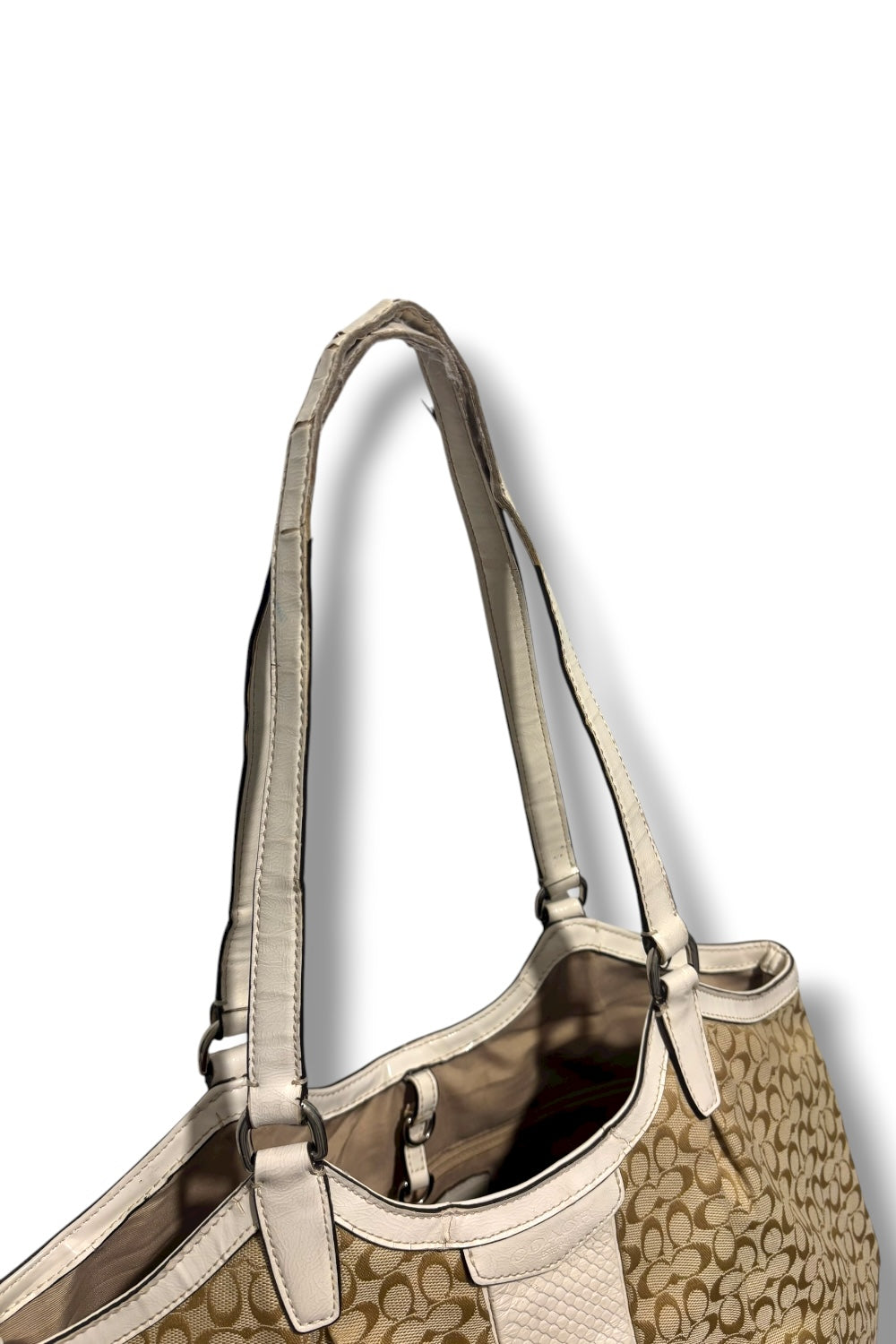 Coach Brown / Beige Signature White Patent Leather Croc Tote Shoulder Bag