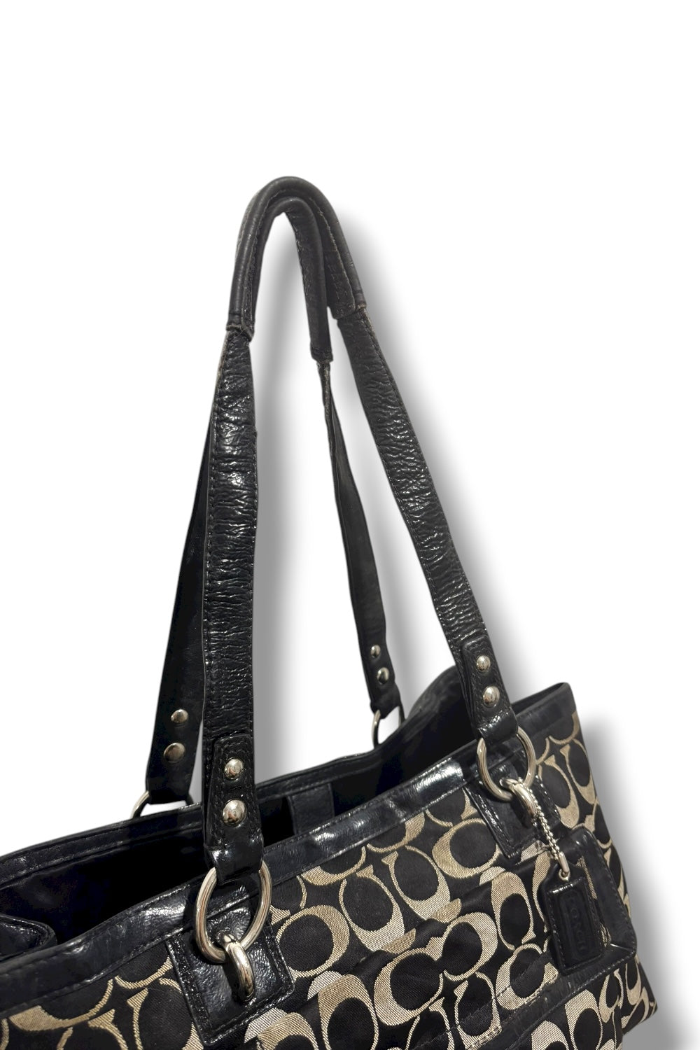 Coach Black & Grey Signature Penelope Canvas Leather Patent Shoulder Bag