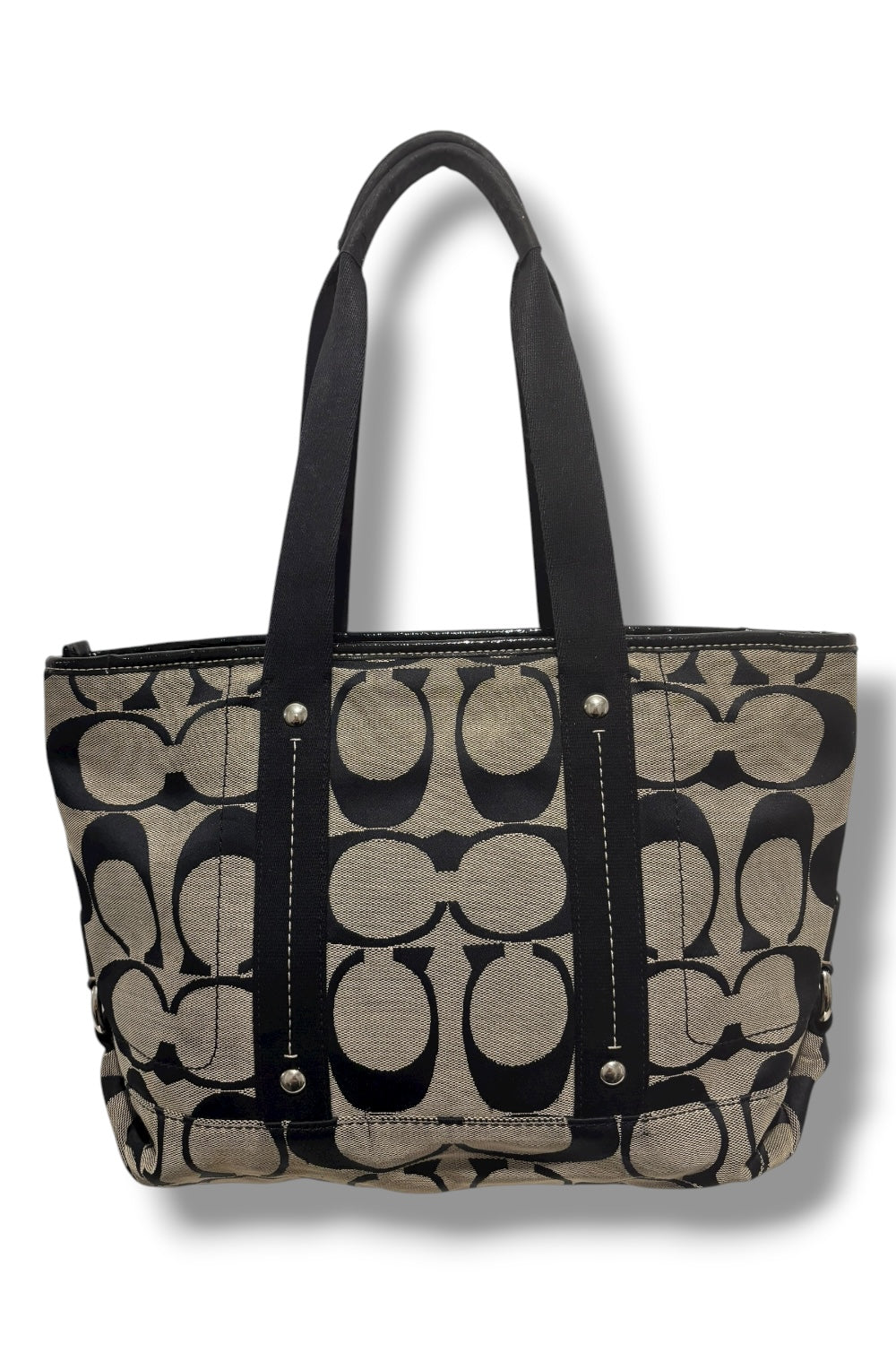 Coach Leah Black & Grey Signature Canvas Patent Leather Y2K Tote Shoulder Bag