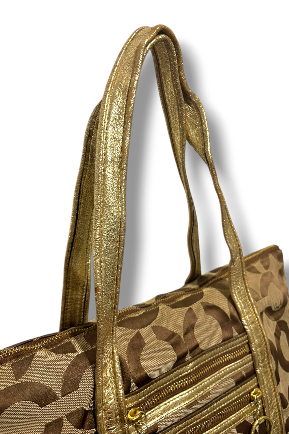 Coach Brown Khaki Signature Canvas Poppy Gold Metallic Leather Y2K Vintage Tote
