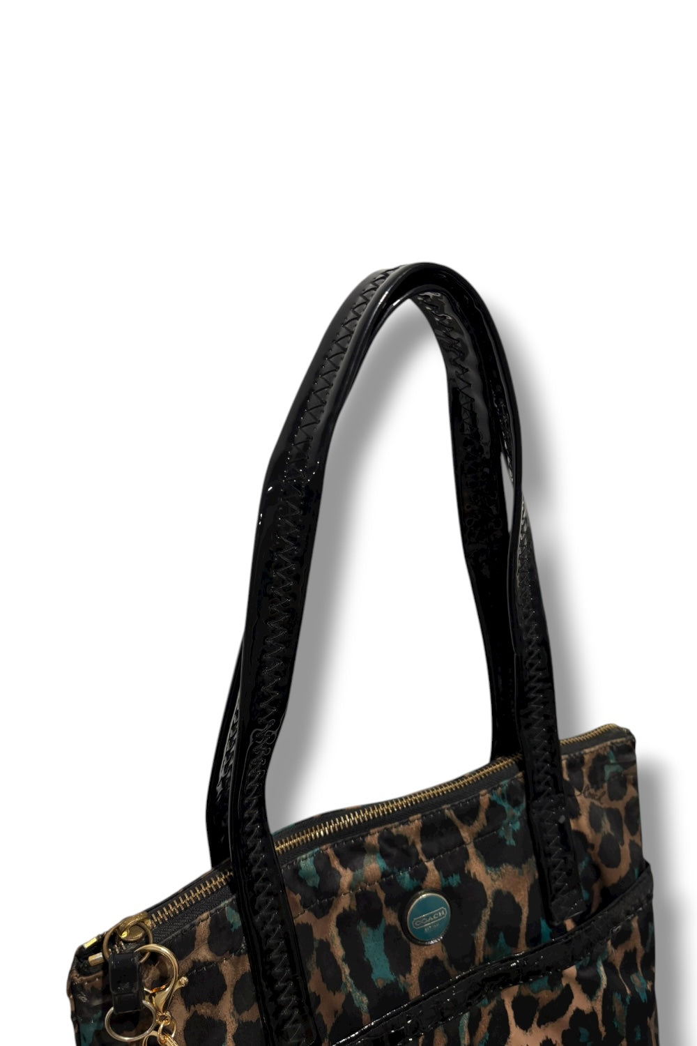 Coach Brown Leopard Ocelot Animal Print Sateen Black Patent Leather Tote Bag