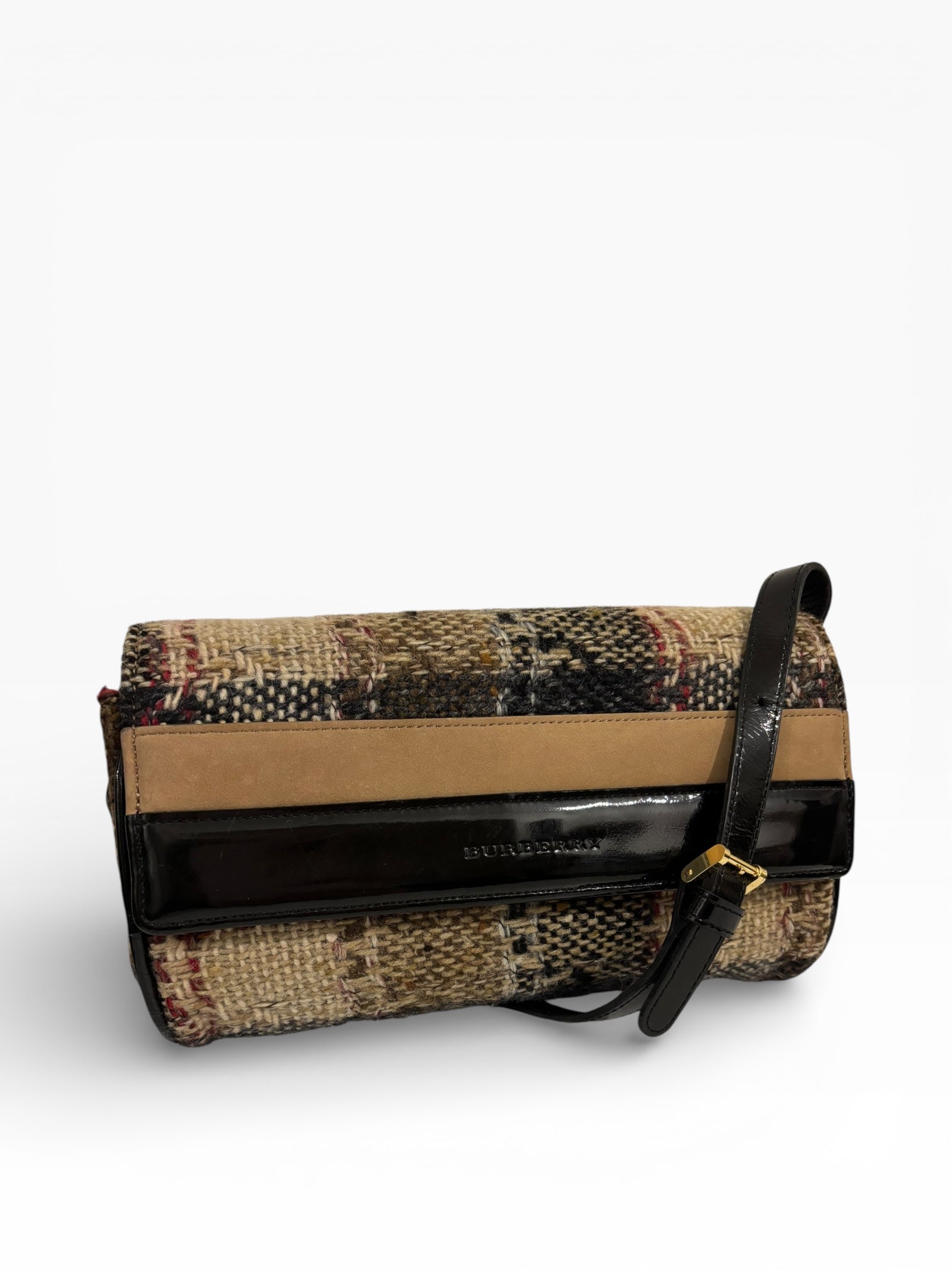 Burberry Wool Minaudière Checkered Black & Brown Leather Trim Tweed Nova Crossbody / Shoulder Bag