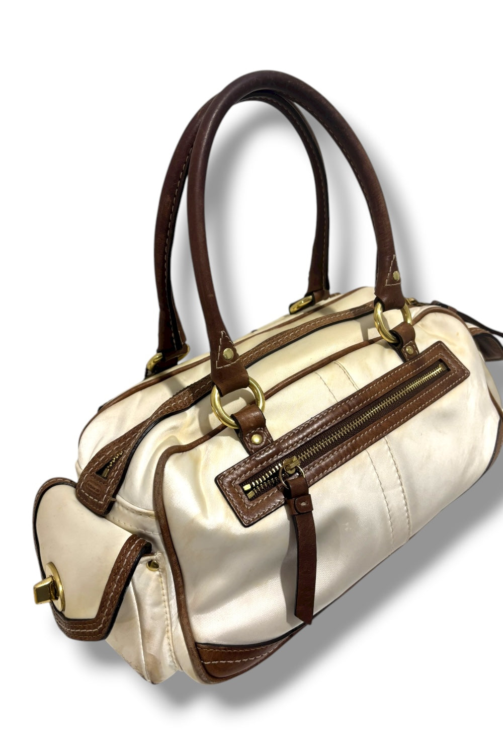 Coach Brown Ivory Silk Sateen Leather Ashley Legacy Shoulder Bag