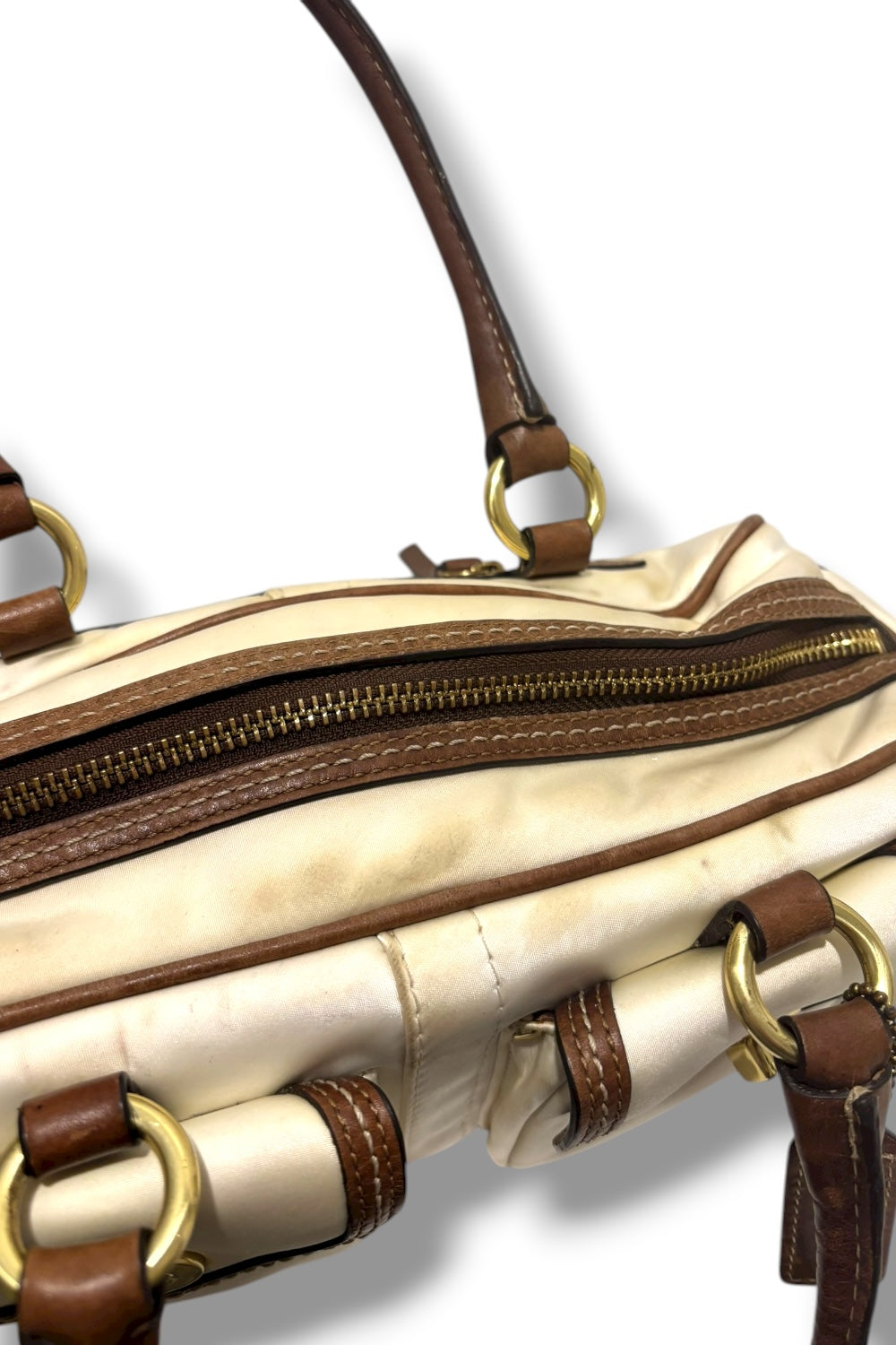Coach Brown Ivory Silk Sateen Leather Ashley Legacy Shoulder Bag