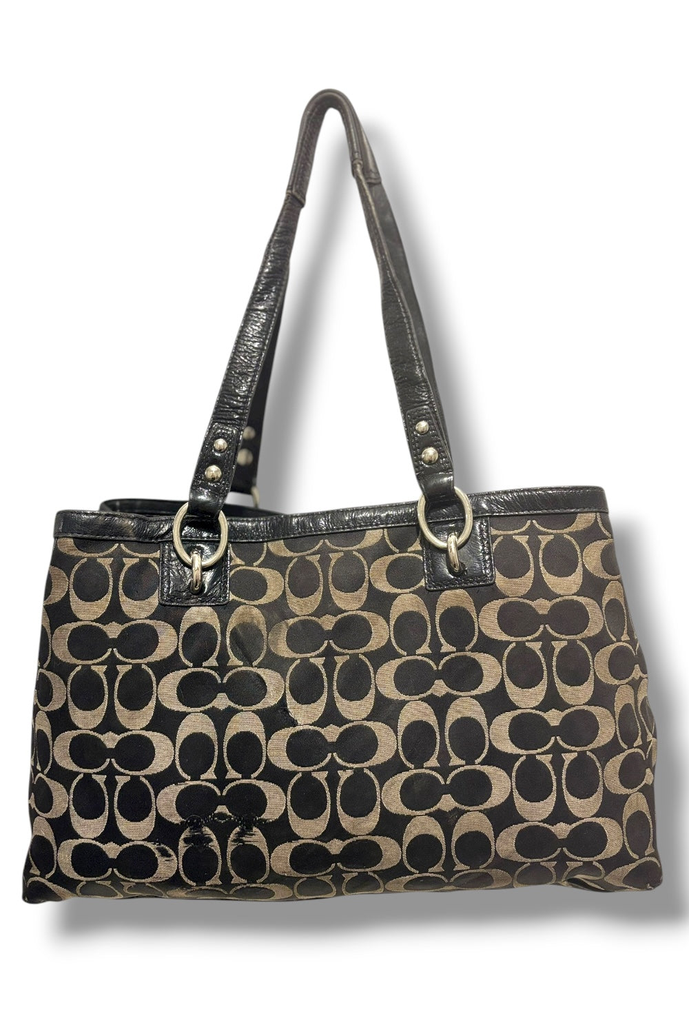 Coach Black & Grey Signature Penelope Canvas Leather Patent Shoulder Bag