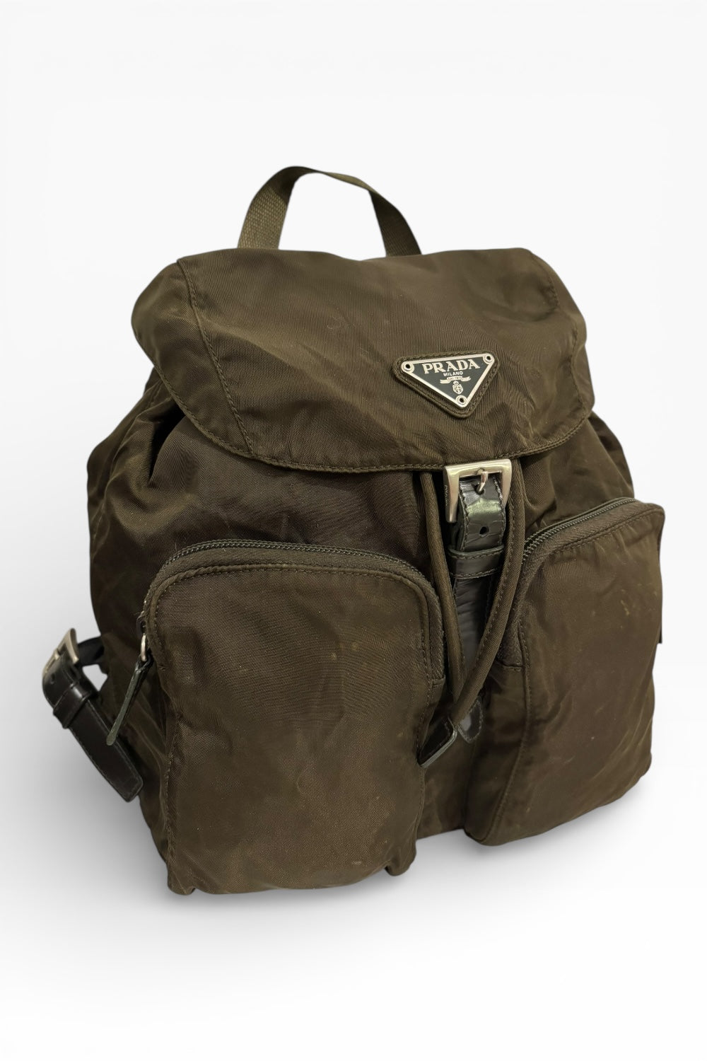 Prada Khaki Re-Nylon Medium Green & Saffiano  Leather Trim Tessuto Backpack