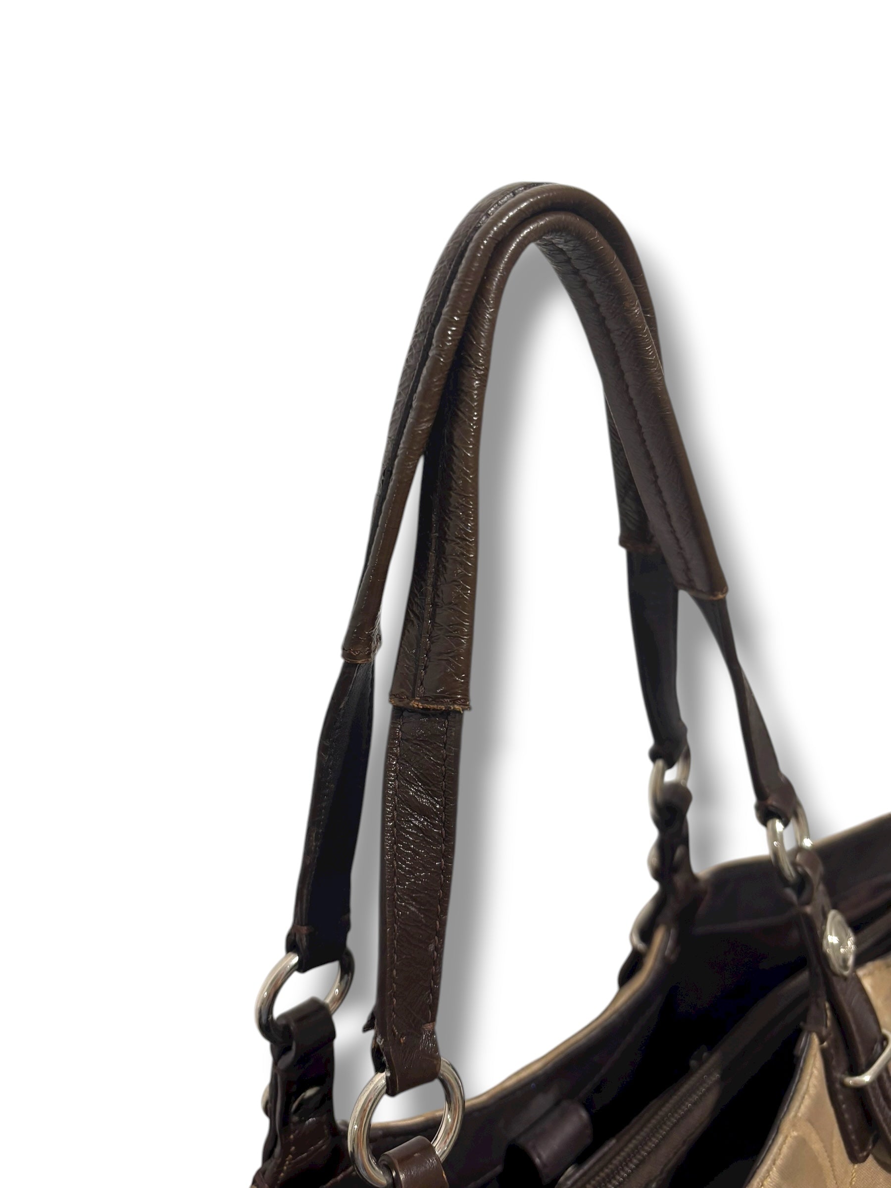 Coach Brown & Khaki Signature Canvas Satin & Patent Leather Vintage Shoulder Bag