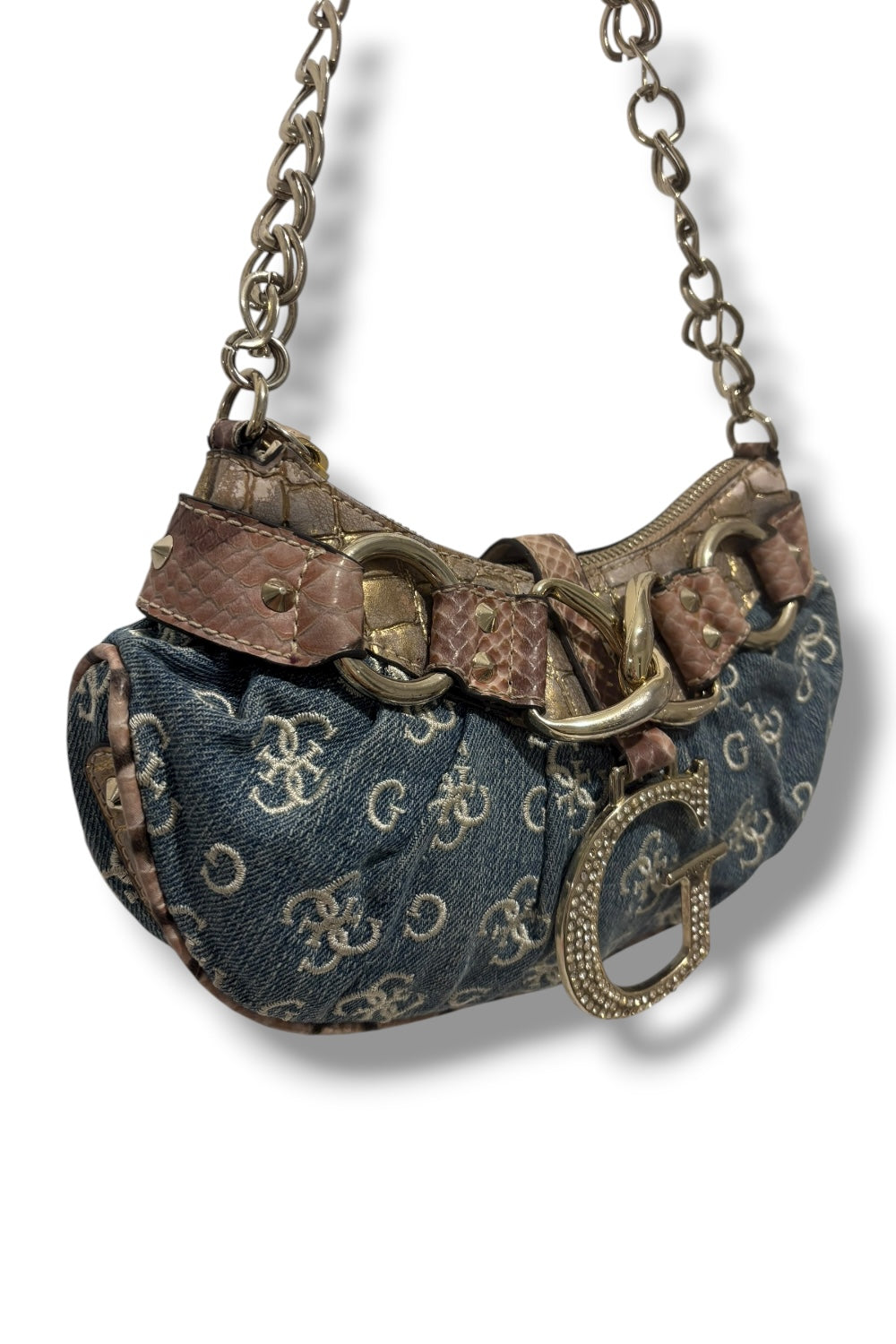 Guess Vintage Signature Denim Blue Jeans Croc Snake Leather PVC Shoulder Bag