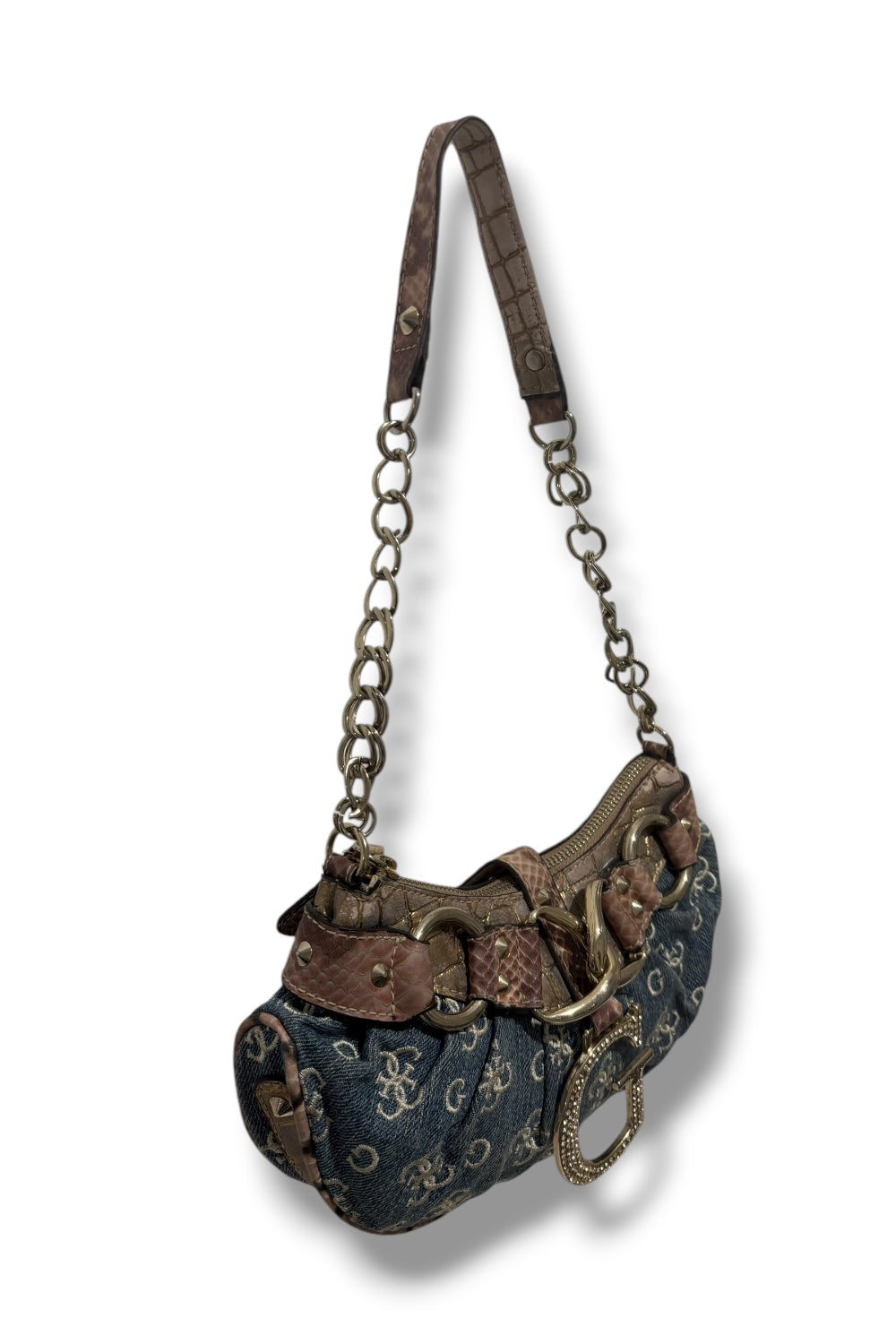 Guess Vintage Signature Denim Blue Jeans Croc Snake Leather PVC Shoulder Bag