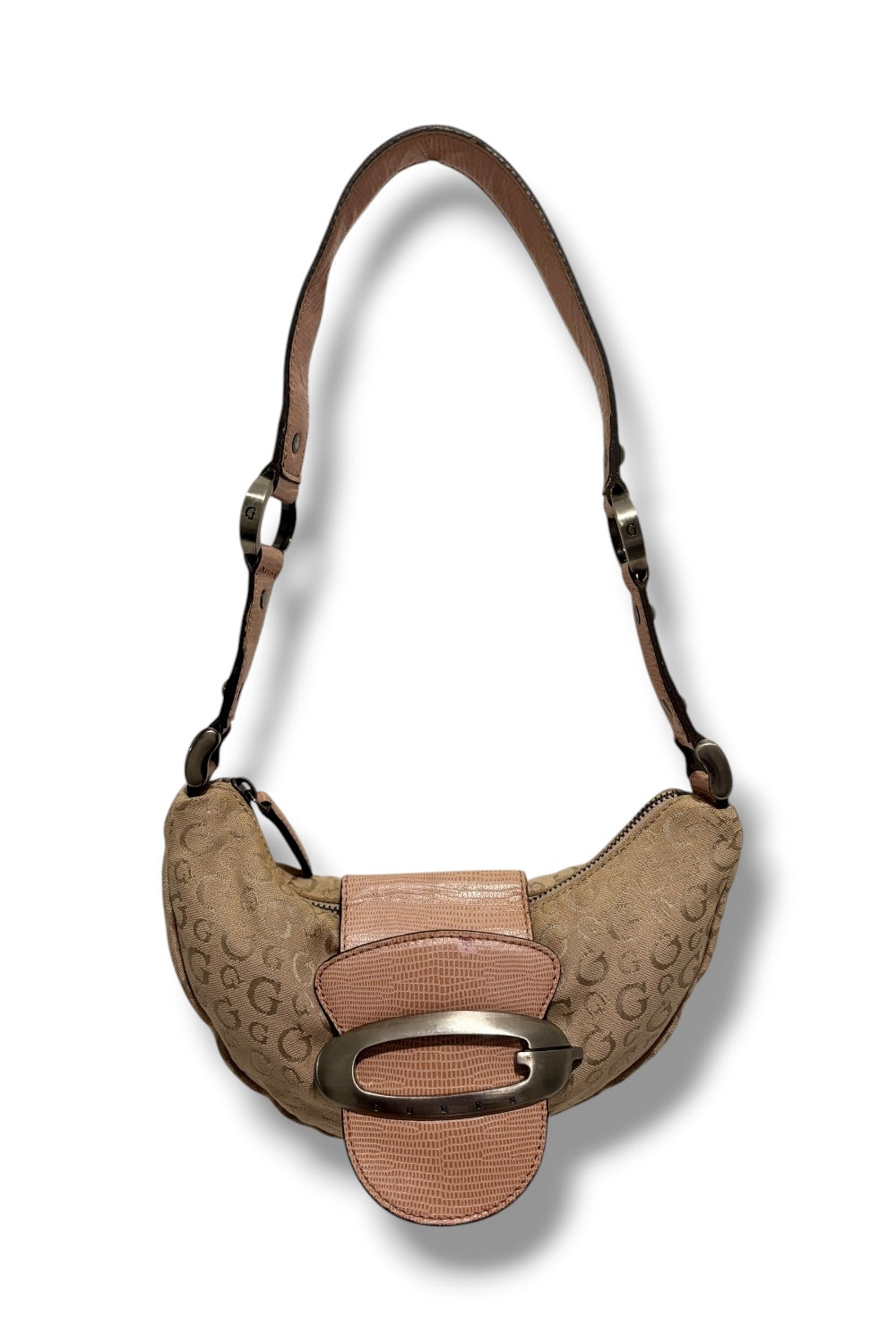 Guess Rare Vintage 90’s Brown Beige & Pink Canvas & Leather PVC Hobo Shoulder Bag