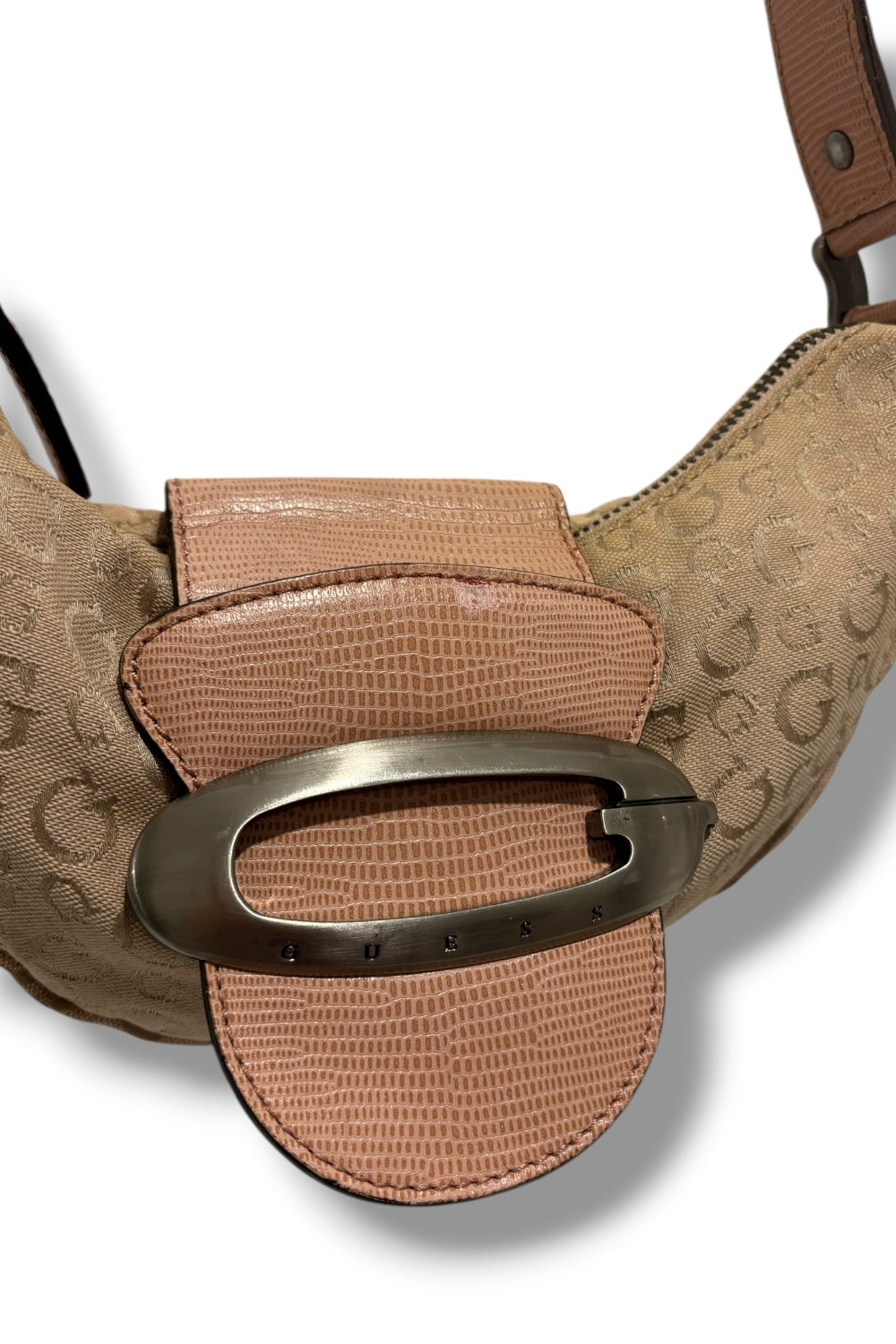 Guess Rare Vintage 90’s Brown Beige & Pink Canvas & Leather PVC Hobo Shoulder Bag