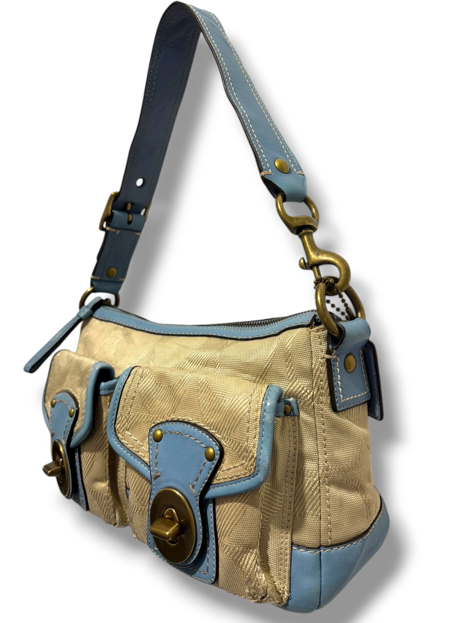 Coach Rare Brown Cream & Blue Turn lock Legacy Signature Vintage Shoulder Bag