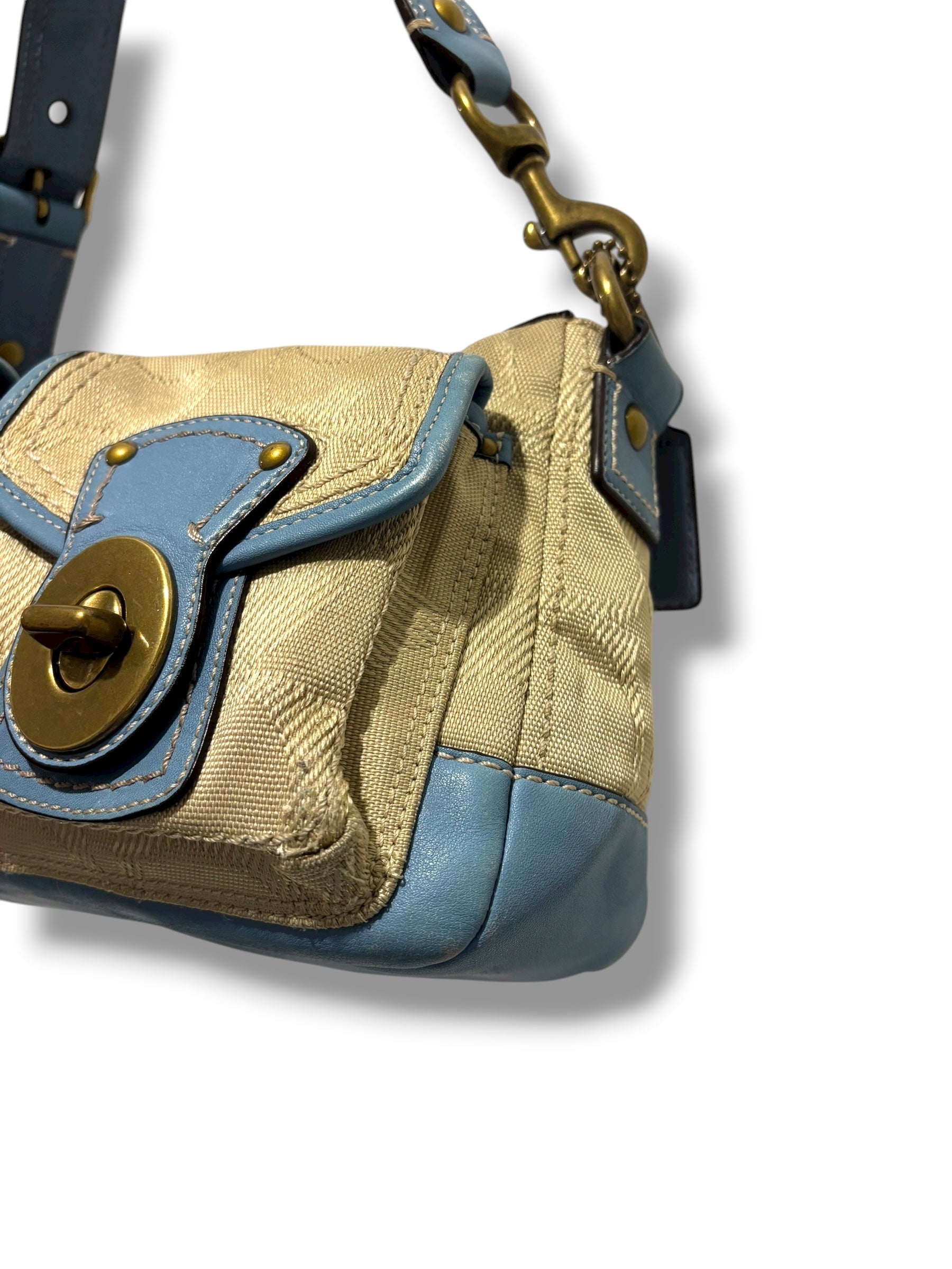 Coach Rare Brown Cream & Blue Turn lock Legacy Signature Vintage Shoulder Bag