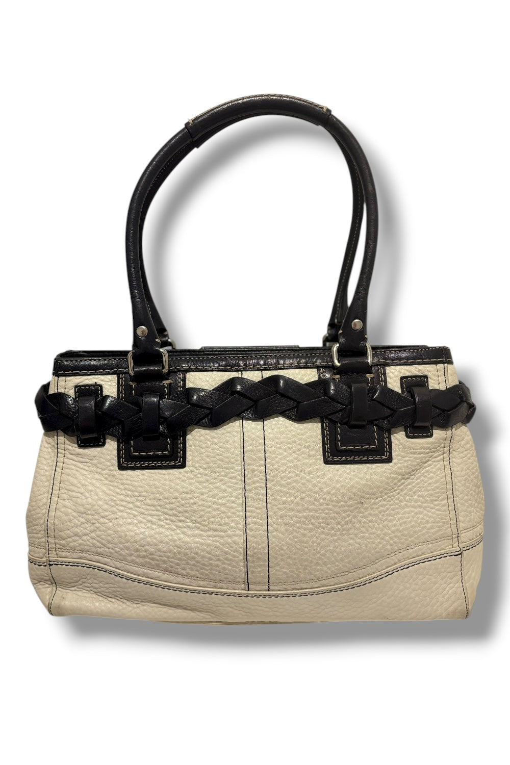 Coach Soft Pebbled Leather White & Black Braided Hampton Shoulder Bag