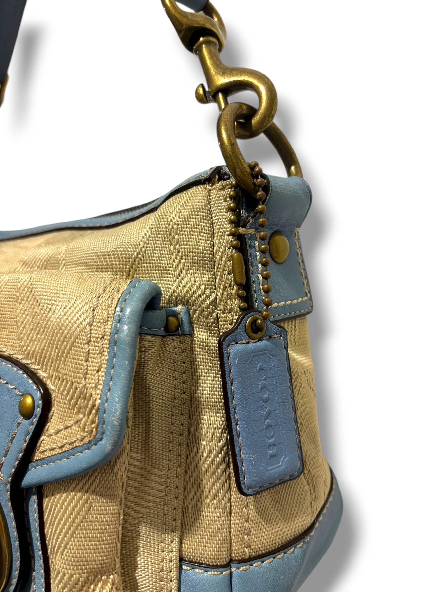 Coach Rare Brown Cream & Blue Turn lock Legacy Signature Vintage Shoulder Bag