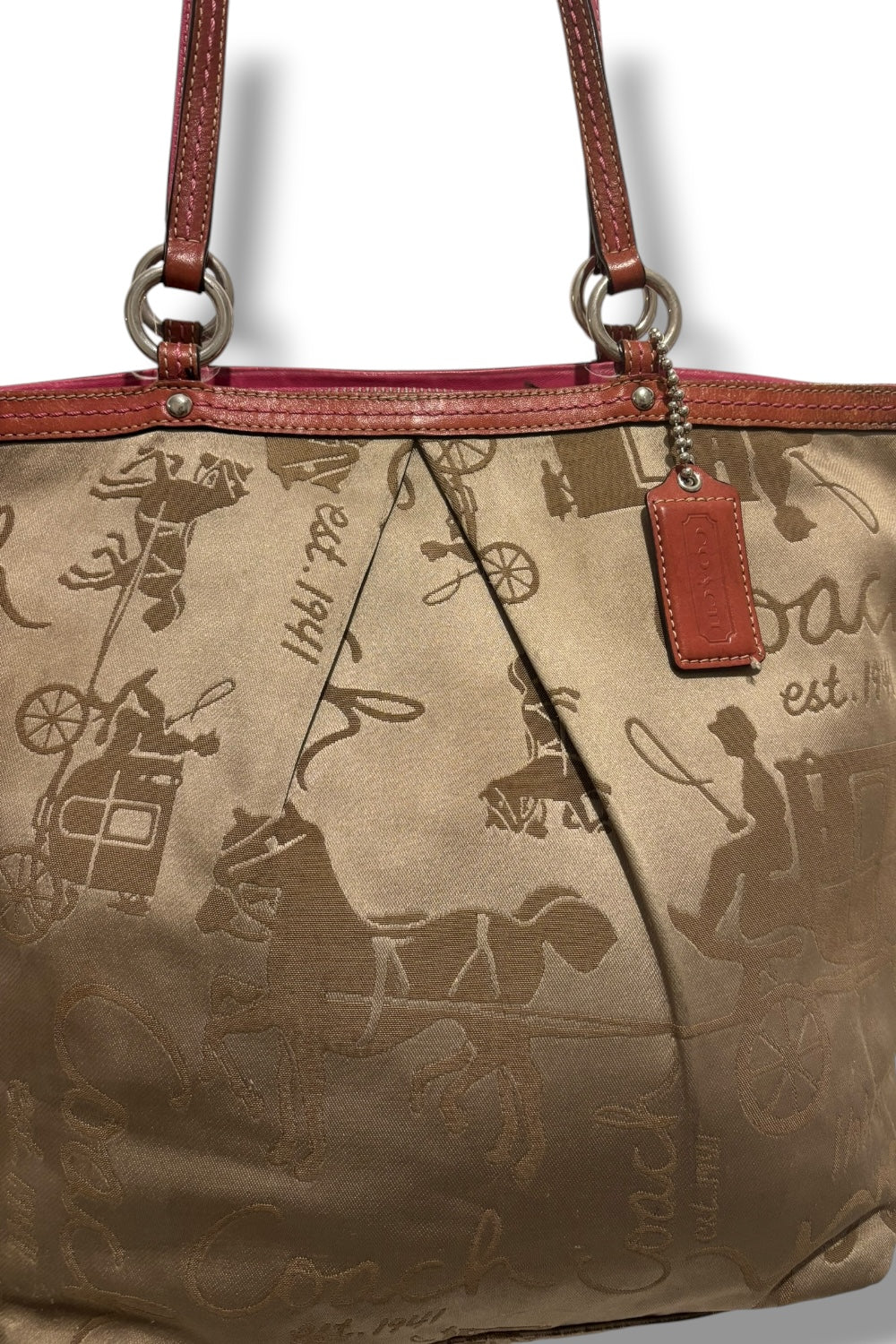 Coach Tote Brown / Beige & Pink Sateen Canvas & Leather Signature Shoulder Bag