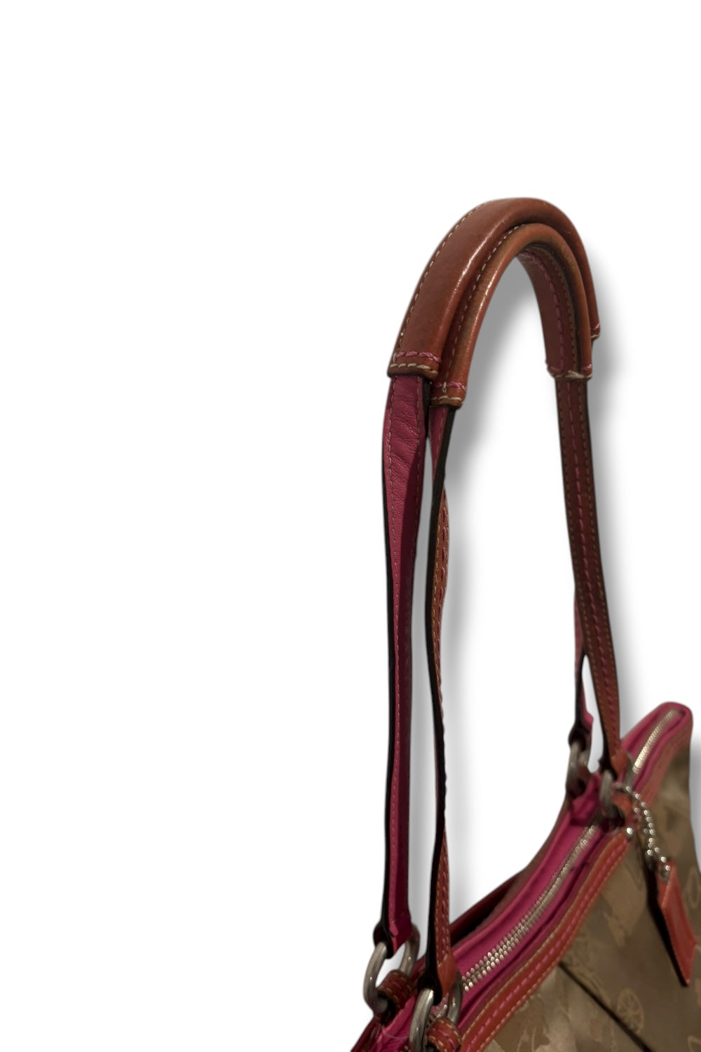 Coach Tote Brown / Beige & Pink Sateen Canvas & Leather Signature Shoulder Bag