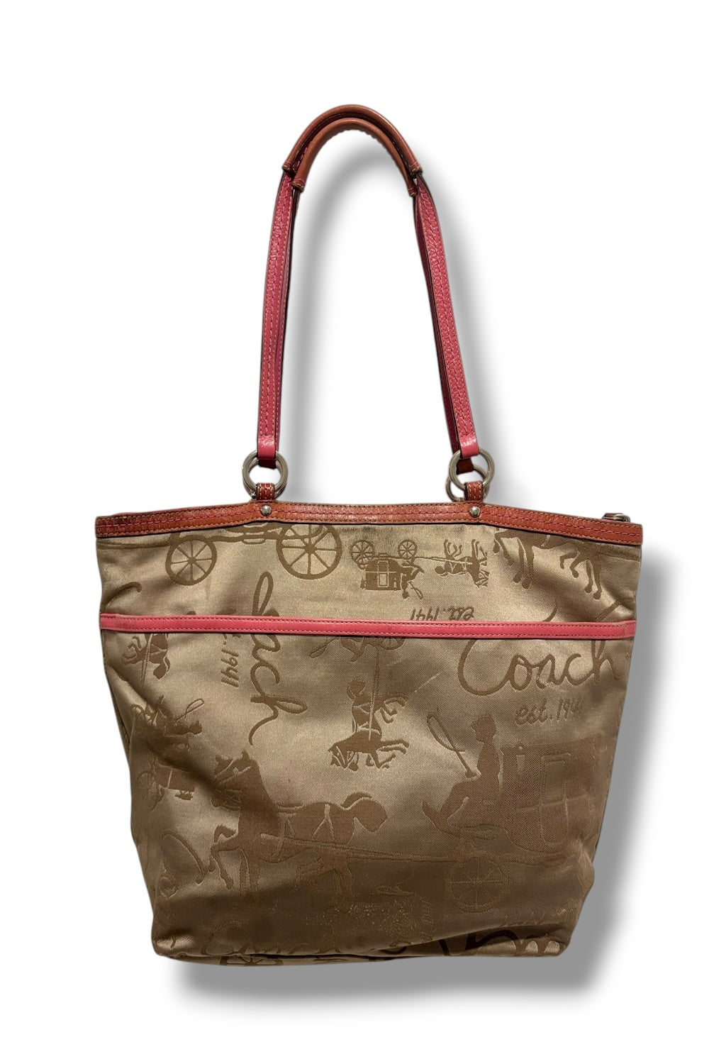Coach Tote Brown / Beige & Pink Sateen Canvas & Leather Signature Shoulder Bag