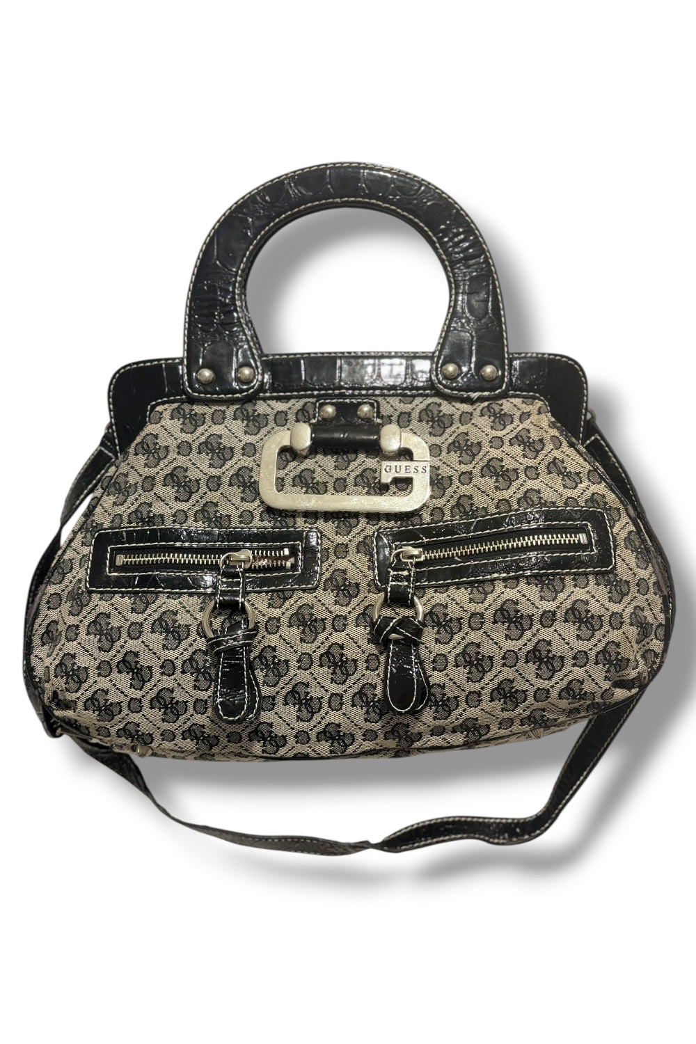 Guess Vintage Black & Grey Canvas & Leather PVC Croc Signature Shoulder Bag