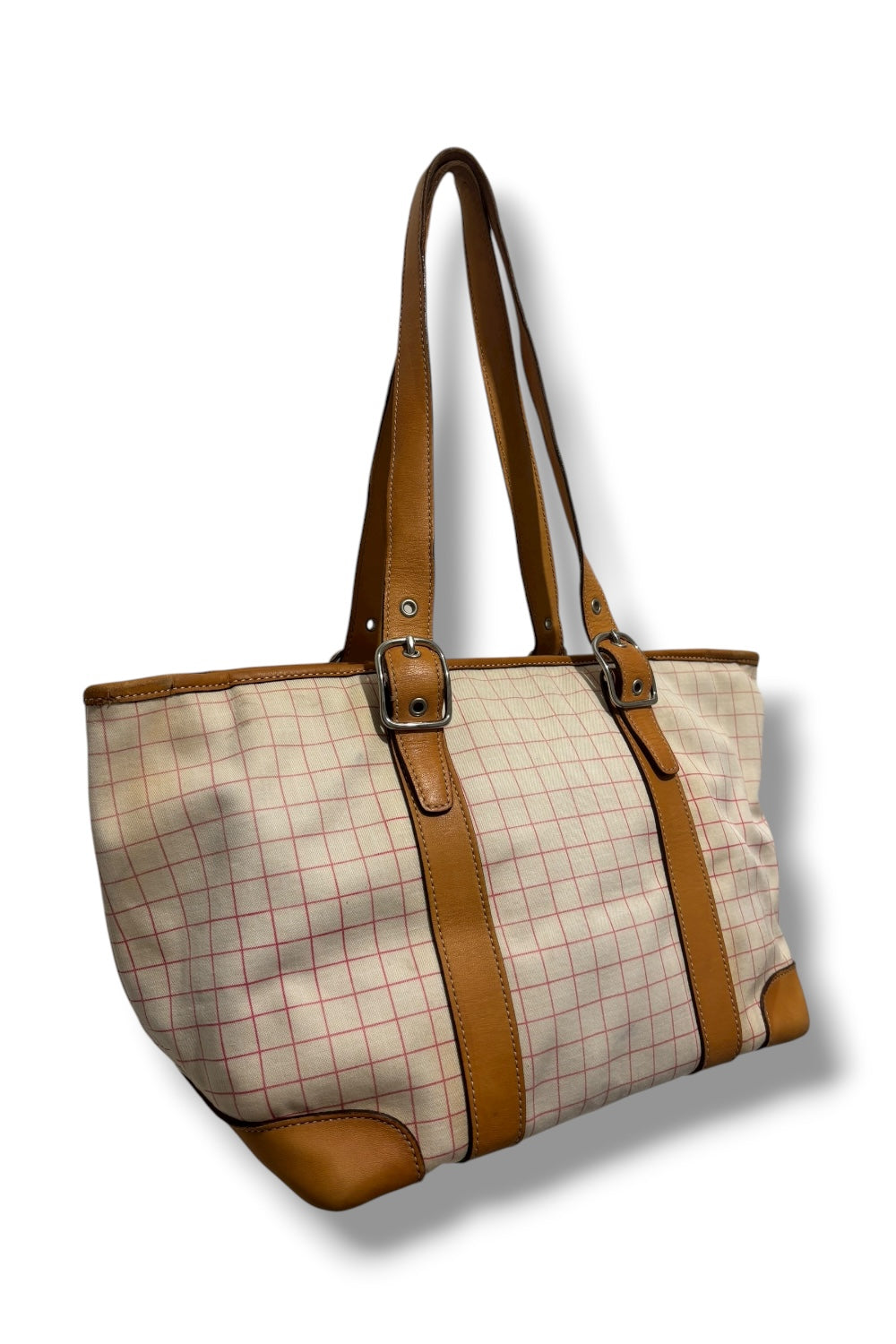 Coach Vintage Hampton Brown Leather & White Plaid Tote Shoulder Bag