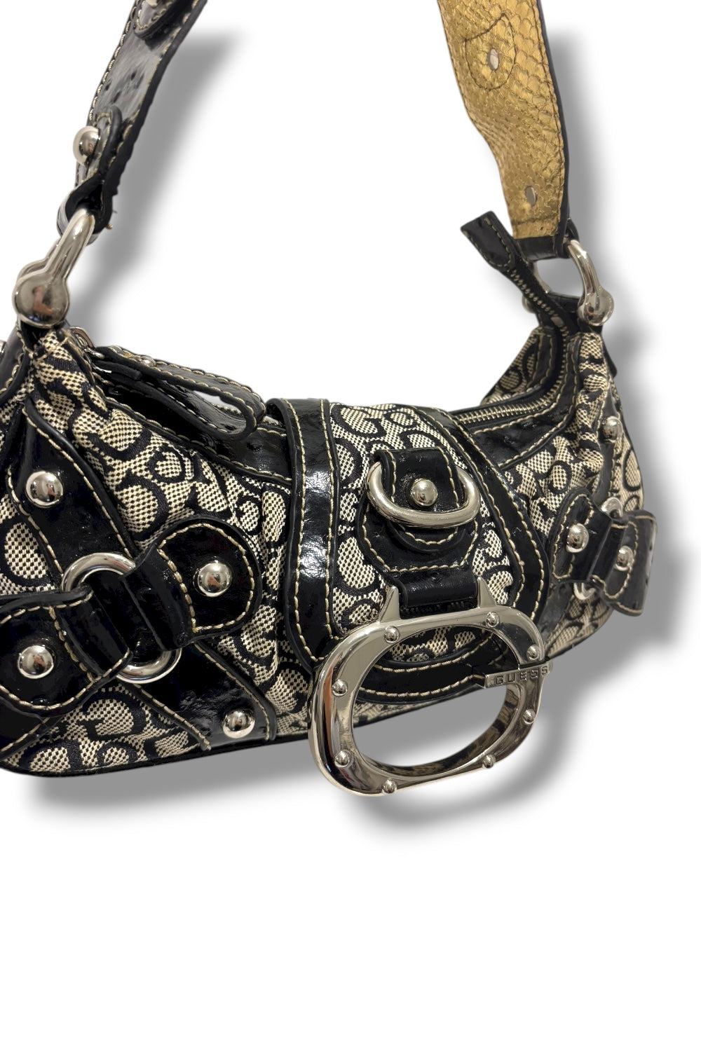 Guess Rare 2000's Signature Black & Grey Studded Canvas Leather PVC shoulder Bag