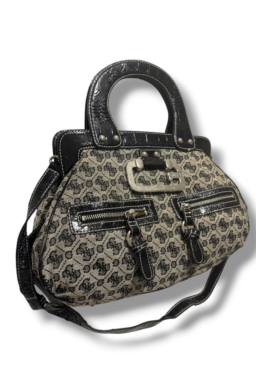 Guess Vintage Black & Grey Canvas & Leather PVC Croc Signature Shoulder Bag