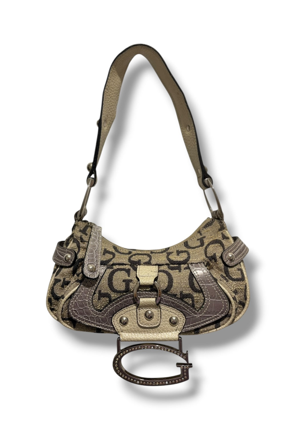 Guess Rare Grey Signature Monogram Crystal Charm Croc Leather Shoulder Bag