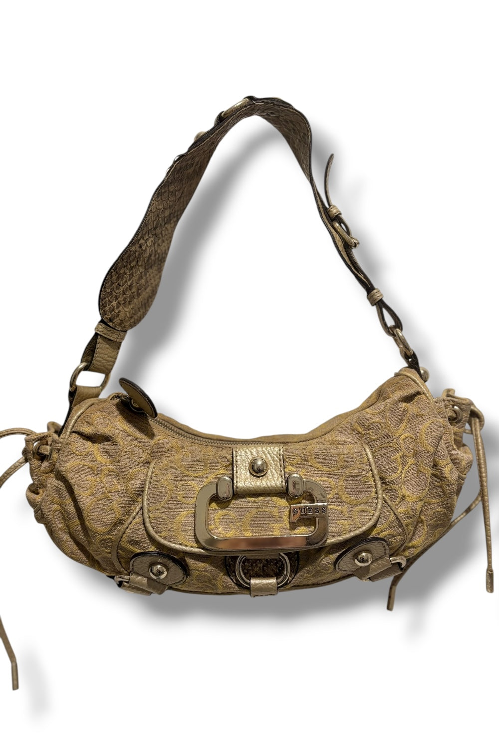 Guess Brown Khaki Signature Snake Print Monogram Baguette Shoulder Bag