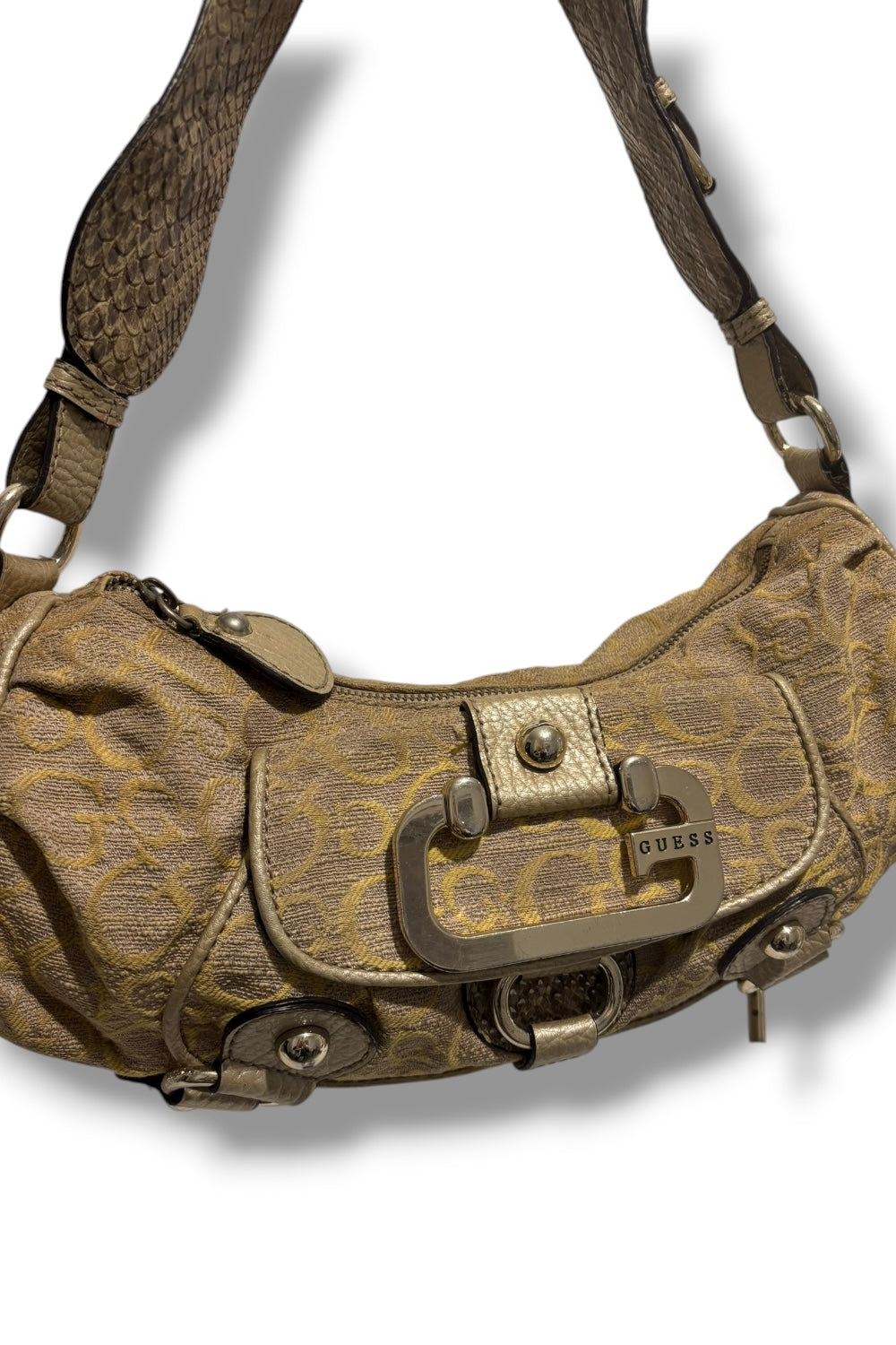 Guess Brown Khaki Signature Snake Print Monogram Baguette Shoulder Bag
