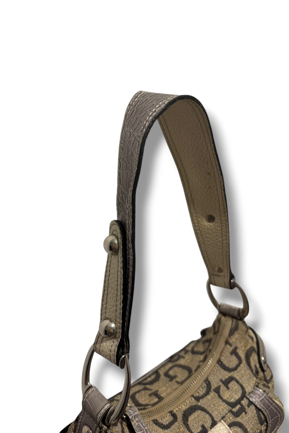 Guess Rare Grey Signature Monogram Crystal Charm Croc Leather Shoulder Bag
