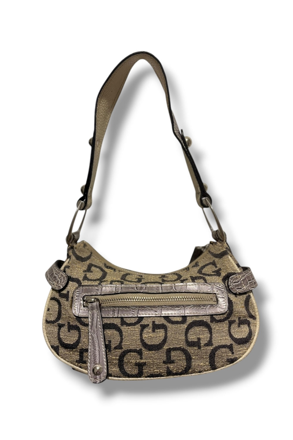 Guess Rare Grey Signature Monogram Crystal Charm Croc Leather Shoulder Bag