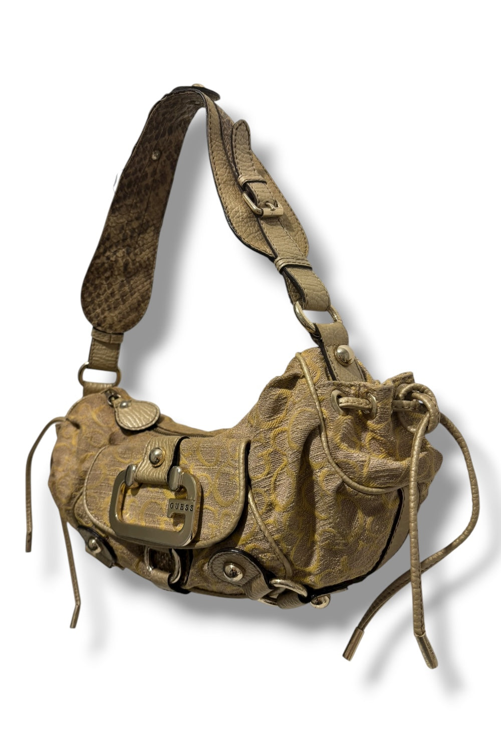 Guess Brown Khaki Signature Snake Print Monogram Baguette Shoulder Bag