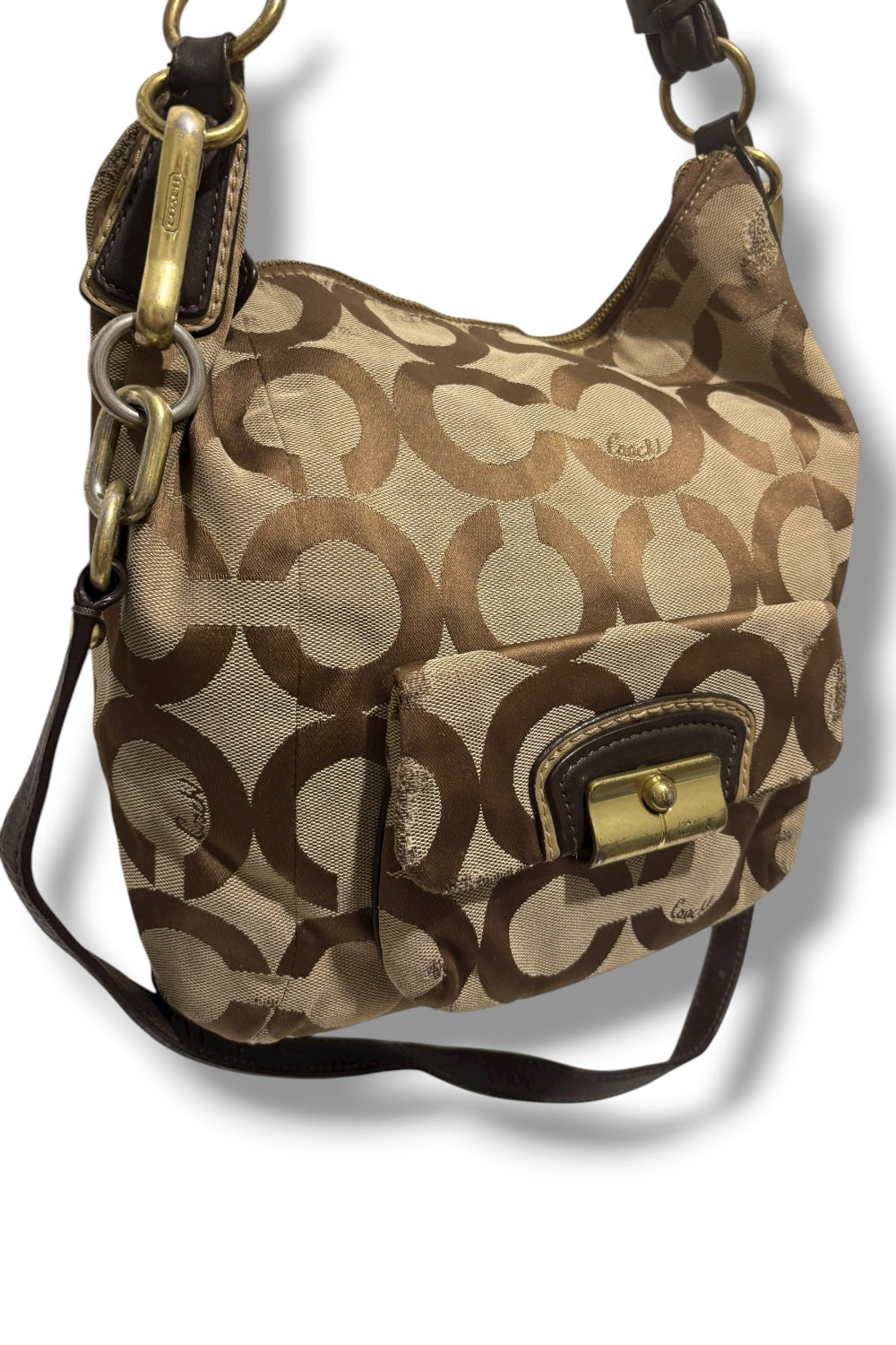 Coach Brown Khaki Kristin Signature Sateen Canvas & Leather Shoulder Bag