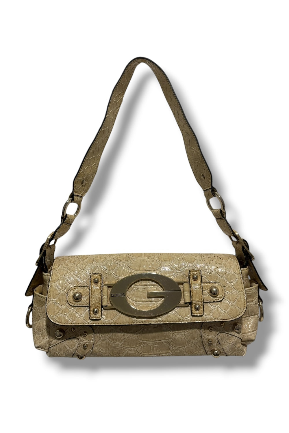 Guess Vintage Beige & Cream Crocodile Leather PVC Embossed Shoulder Bag