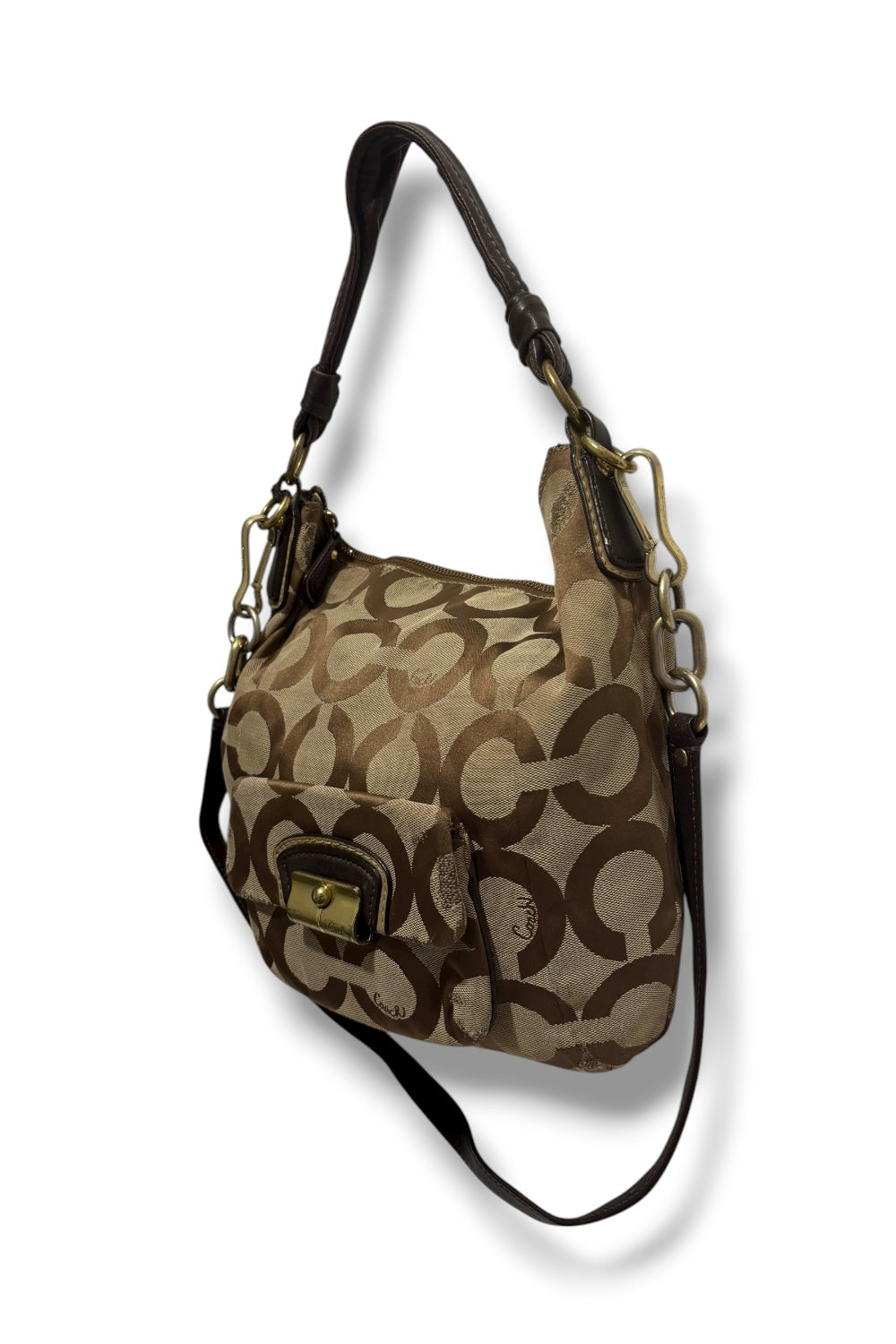 Coach Brown Khaki Kristin Signature Sateen Canvas & Leather Shoulder Bag