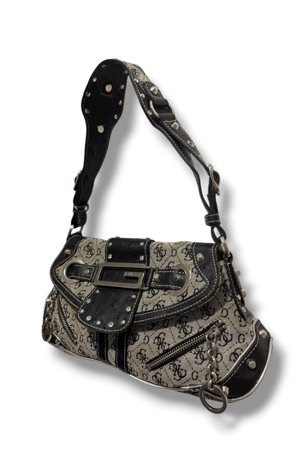 Guess RARE Black & Grey Signature Monogram Studded Crystal Leather Shoulder Bag