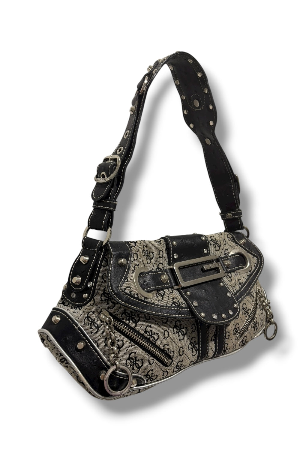 Guess RARE Black & Grey Signature Monogram Studded Crystal Leather Shoulder Bag