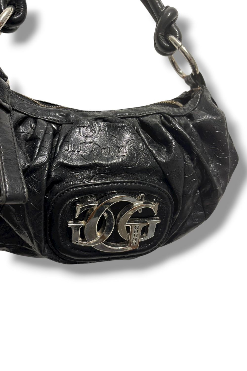 Guess Vintage Black Rare Ruched Vegan Leather Signature Shoulder Bag