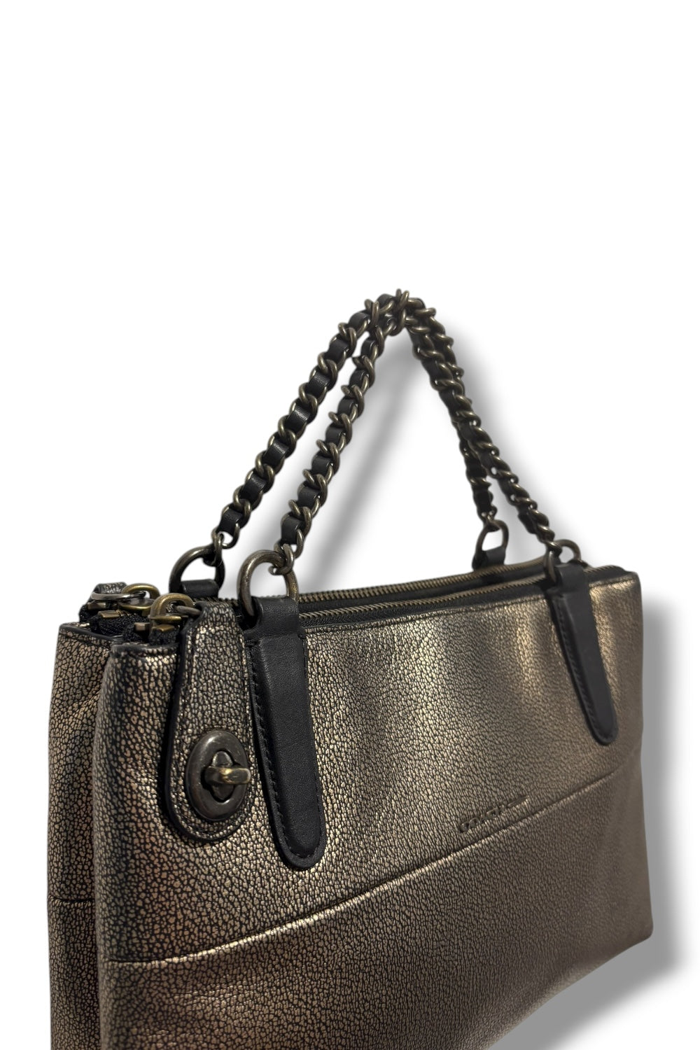 Coach Borough Mini Leather Turn lock Black & Gold Metallic Chain Shoulder Bag