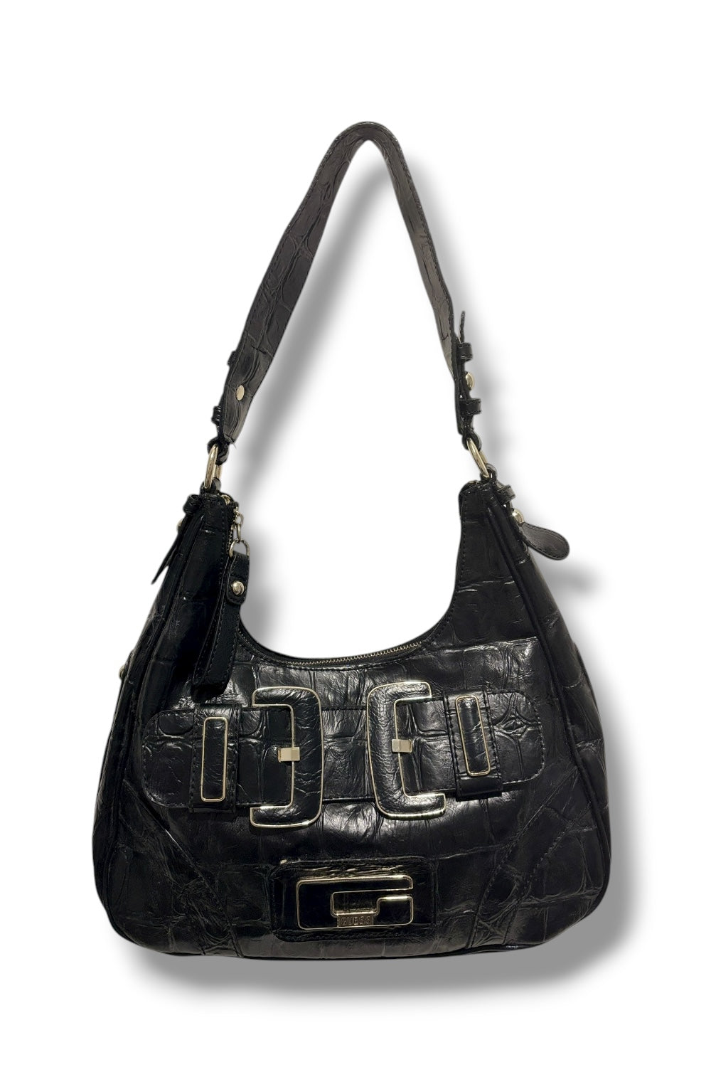 Guess Black Croc / Snake Animal Print Embossed Leather Buckle Hobo Shoulder Bag