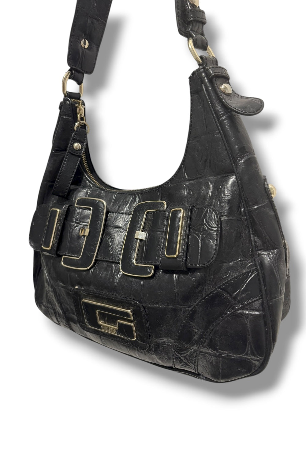 Guess Black Croc / Snake Animal Print Embossed Leather Buckle Hobo Shoulder Bag
