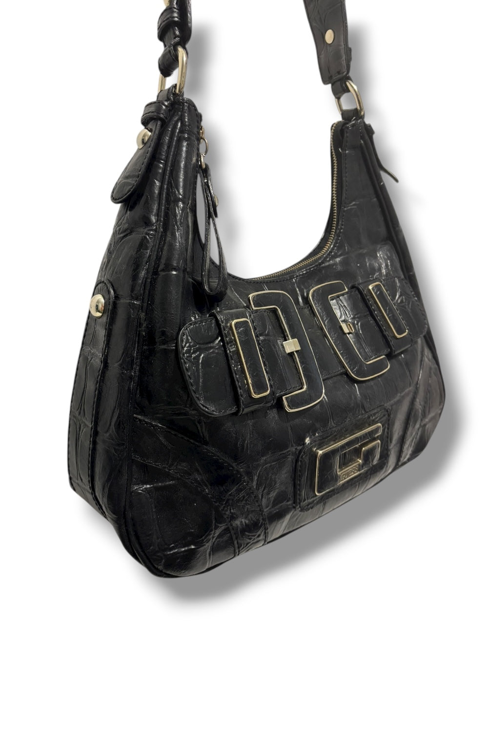 Guess Black Croc / Snake Animal Print Embossed Leather Buckle Hobo Shoulder Bag