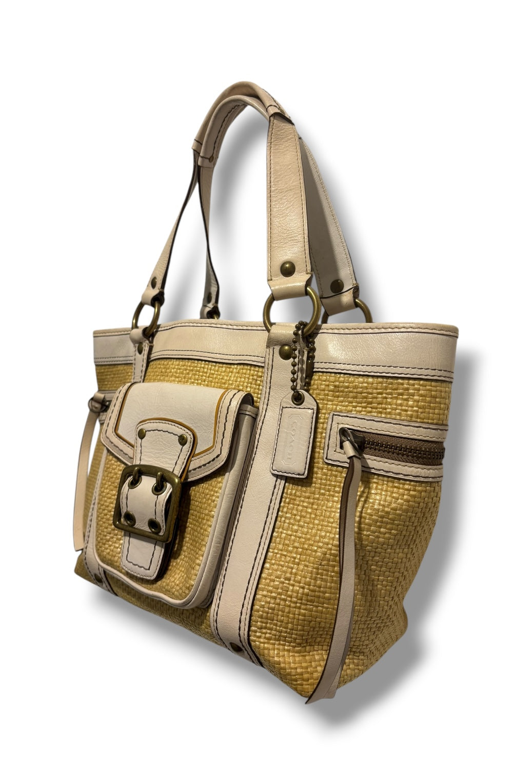 Coach Legacy White / Beige Straw Wicker & Leather Shoulder Bag
