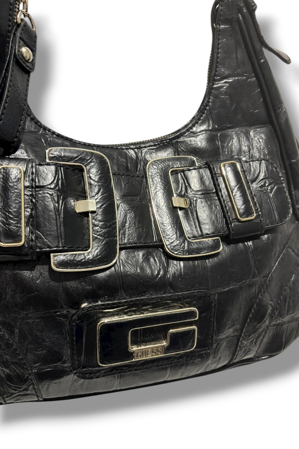 Guess Black Croc / Snake Animal Print Embossed Leather Buckle Hobo Shoulder Bag