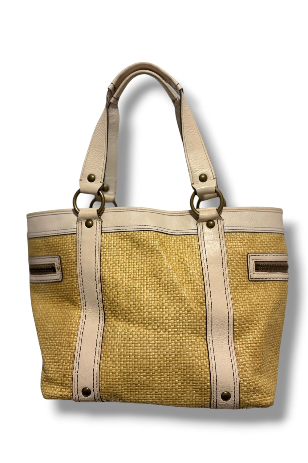 Coach Legacy White / Beige Straw Wicker & Leather Shoulder Bag