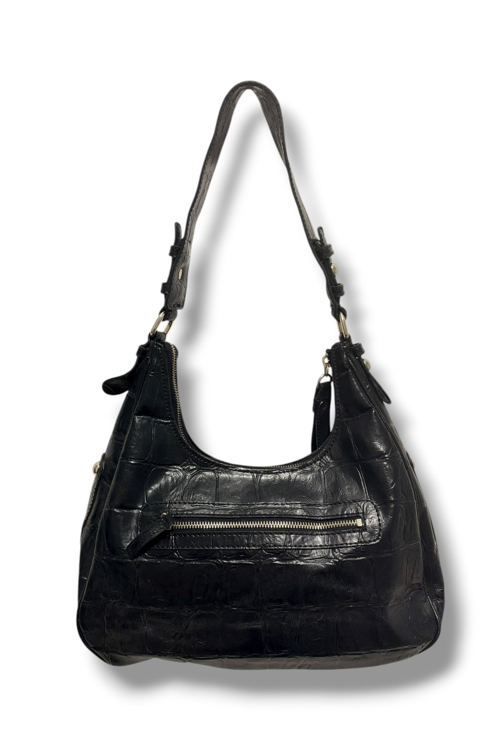 Guess Black Croc / Snake Animal Print Embossed Leather Buckle Hobo Shoulder Bag