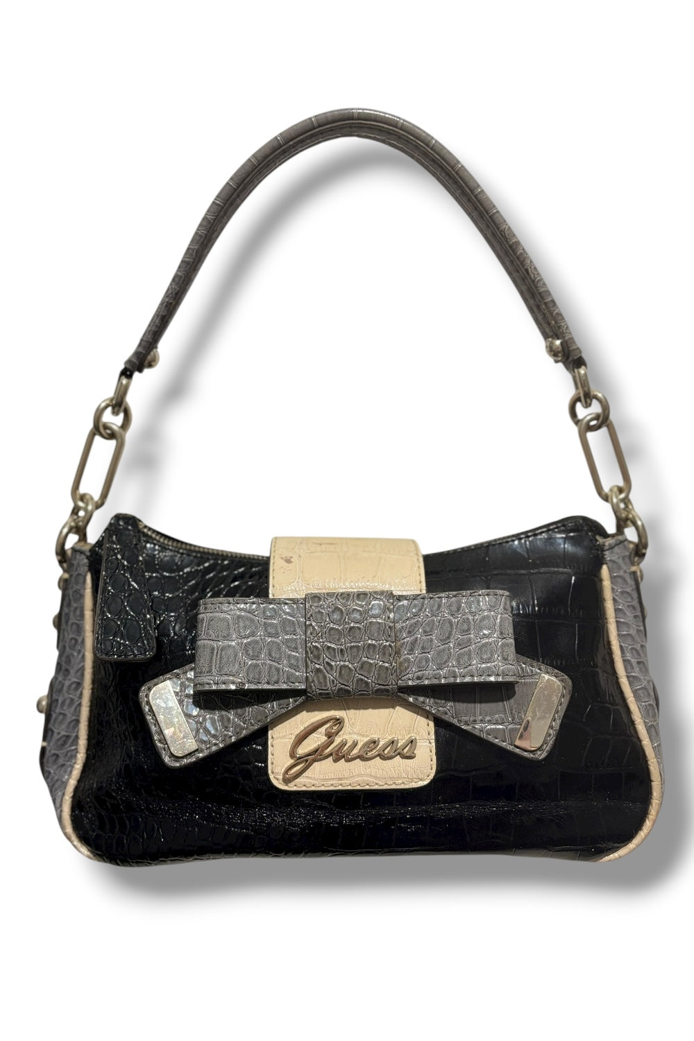 Guess Vintage Black & Blue Bow Studded Croc Leather Embossed Shoulder Bag