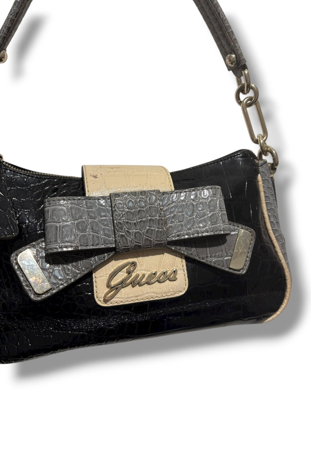 Guess Vintage Black & Blue Bow Studded Croc Leather Embossed Shoulder Bag