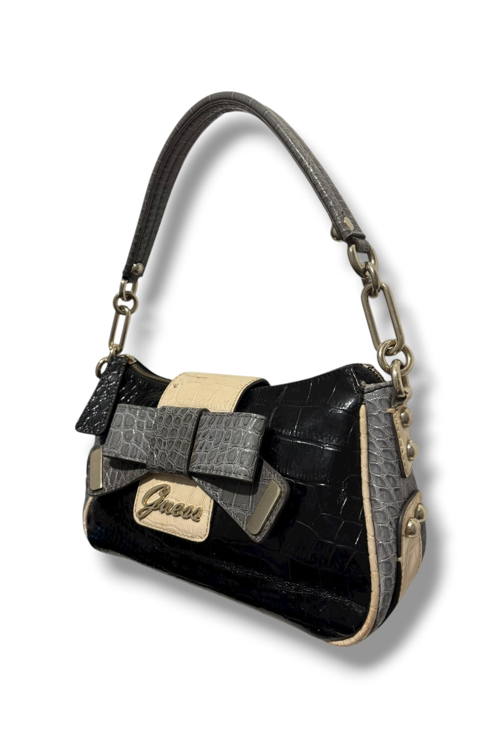 Guess Vintage Black & Blue Bow Studded Croc Leather Embossed Shoulder Bag