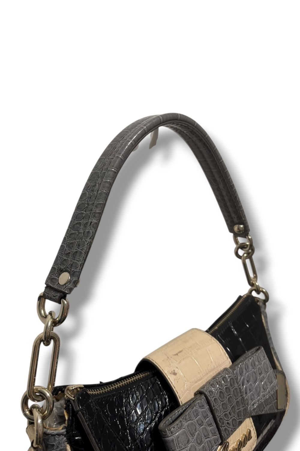 Guess Vintage Black & Blue Bow Studded Croc Leather Embossed Shoulder Bag